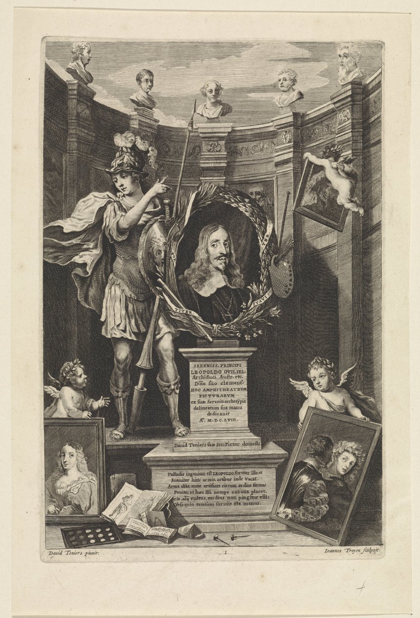 Portrét arcivévody Leopolda Viléma Rakouského jako sběratele umění Theatrum Pictorium (název série) Titulní strana pro: David Teniers, Theatrum Pictorium, 1658 od Jan van Troyen