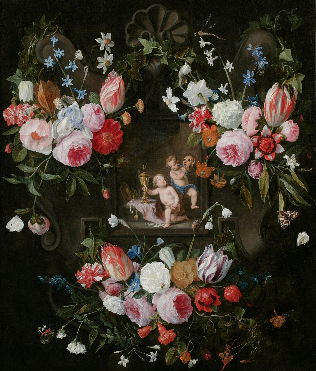 Kartušové zátiší květin kolem alegorického obrazu Putti s drahými předměty a maskou, 1648 od Jan van and Balen, Hendrik van Kessel