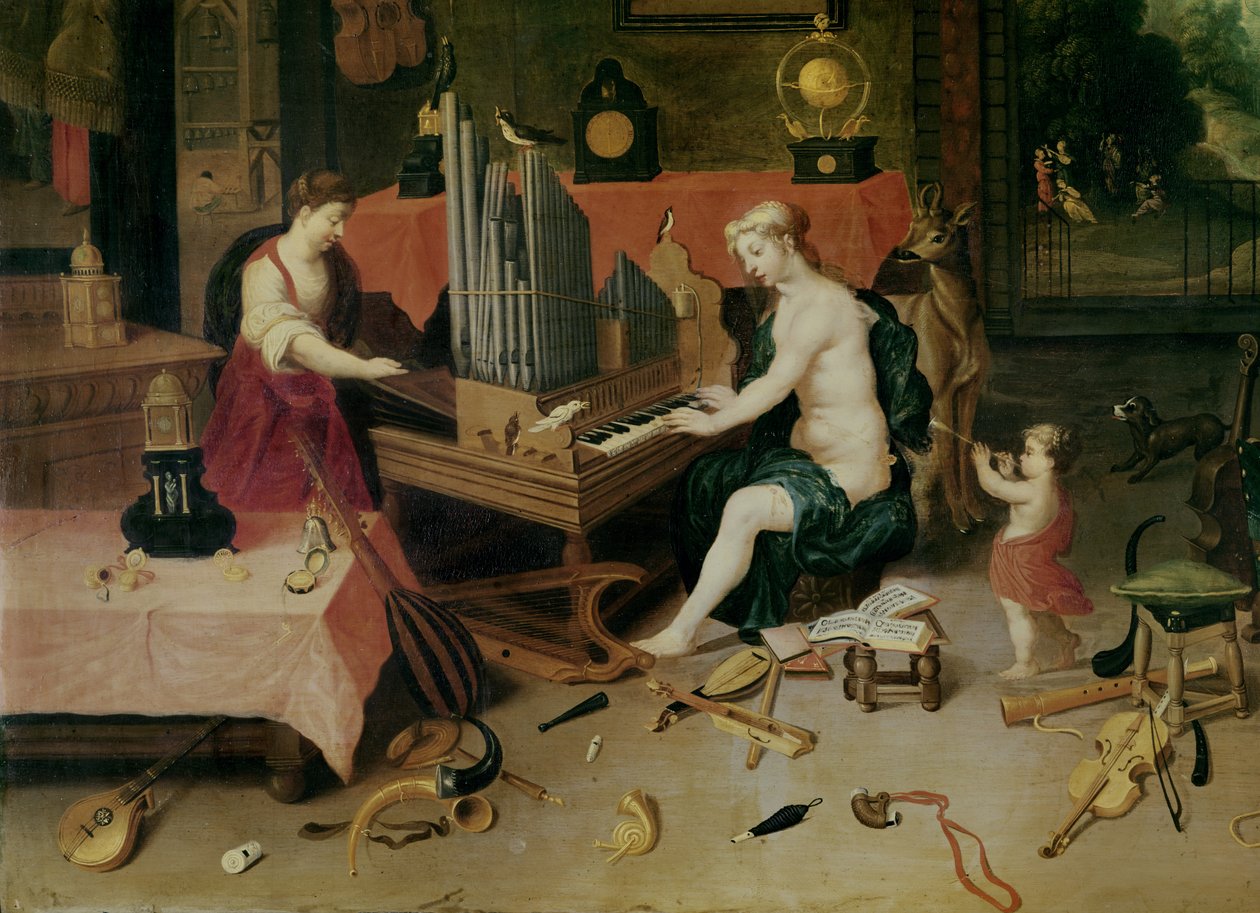 Alegorie slyšení, detail varhaníka od Jan van and Balen, Hendrik van Kessel