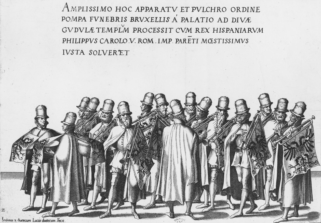 Skupina trubačů ve smutečním průvodu císaře Karla V., 1559 od Jan van and Doetechum Doetechum the elder