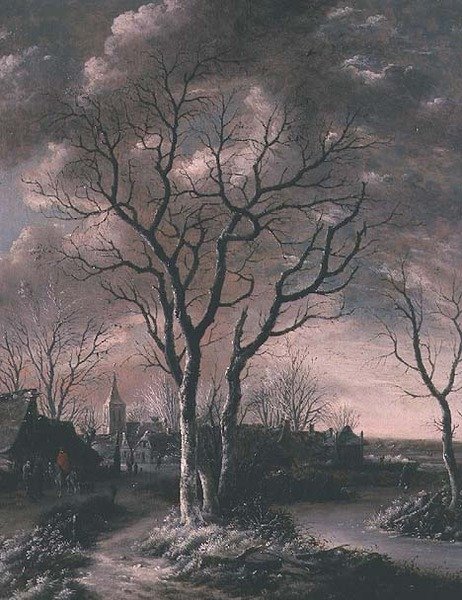 Krajina zamrzlé řeky s cestovateli na cestě od Jan van de Capelle or Cappelle
