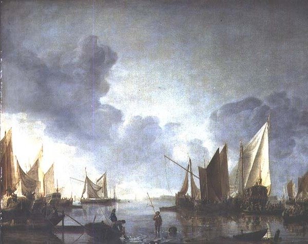 Klid s hodnostářem na státním člunu a rybáři v popředí. od Jan van de Capelle or Cappelle