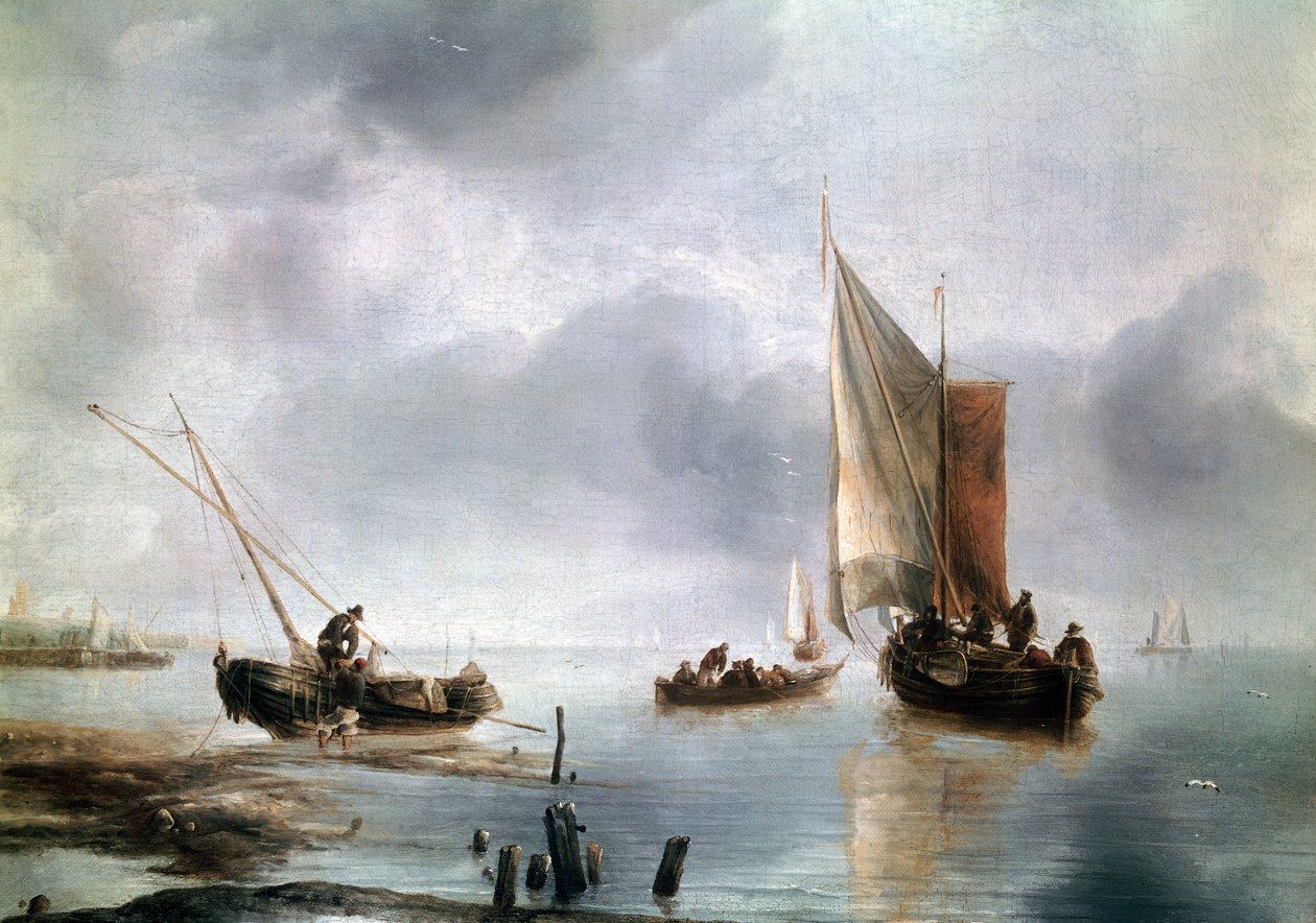 Malé plavidlo v lehkých vzduchech a další na břehu, asi 1650-1660, od Jana van de Cappelle (1624-asi 1679), olej na plátně, 34, 8x48 od Jan van de Capelle or Cappelle