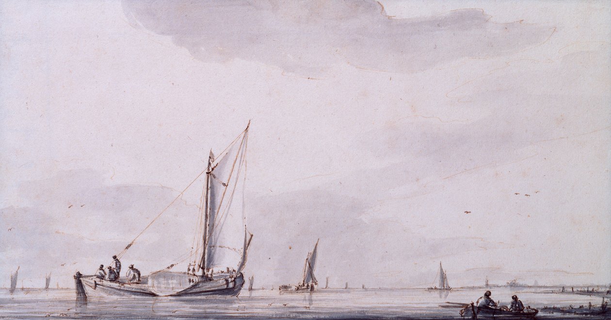 Rybáři a plachetnice na ústí řeky v klidu (pero, inkoust a mytí) od Jan van de Capelle or Cappelle