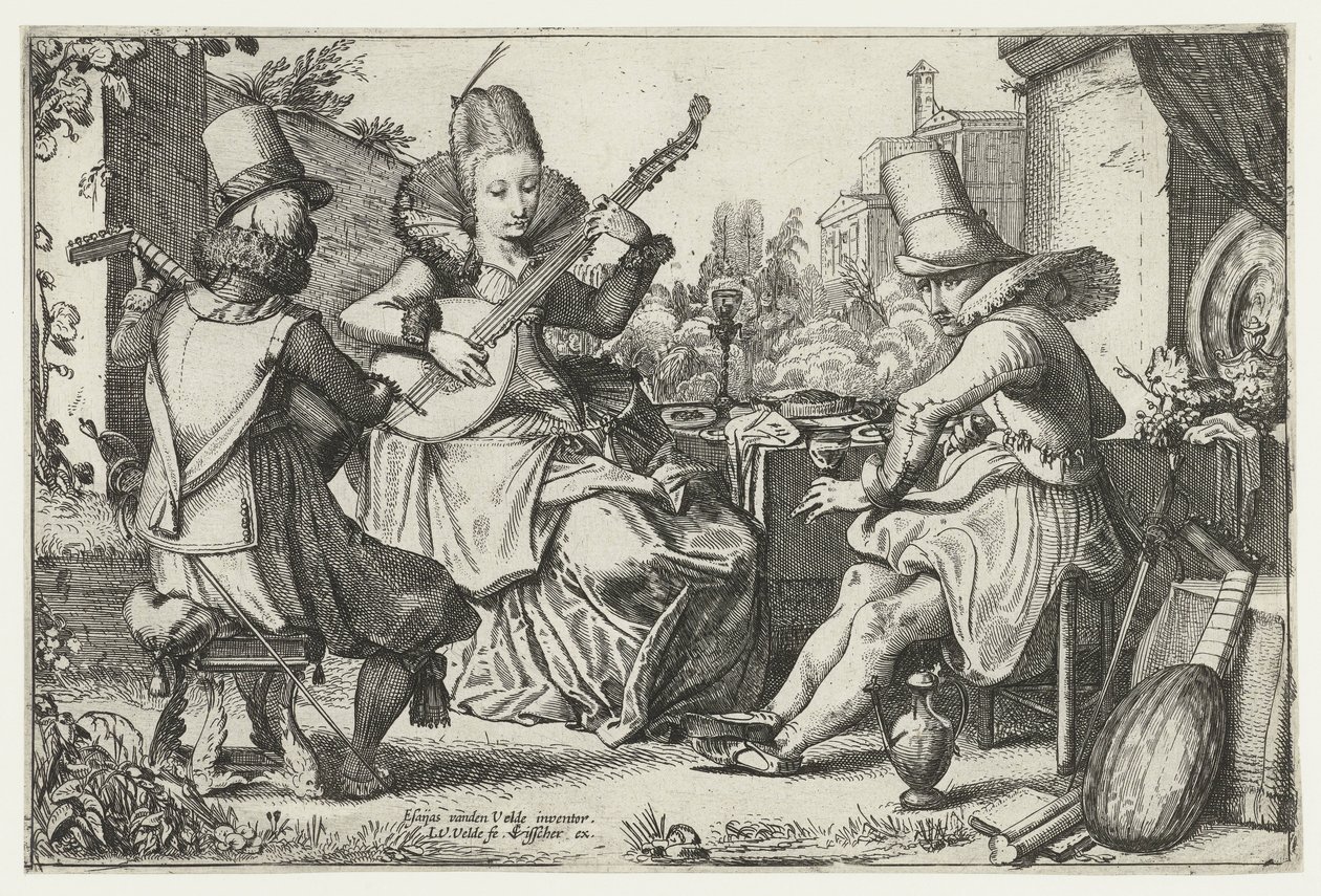 Elegantní společnost, tvořící hudbu na zahradě od Jan van de Velde (II)