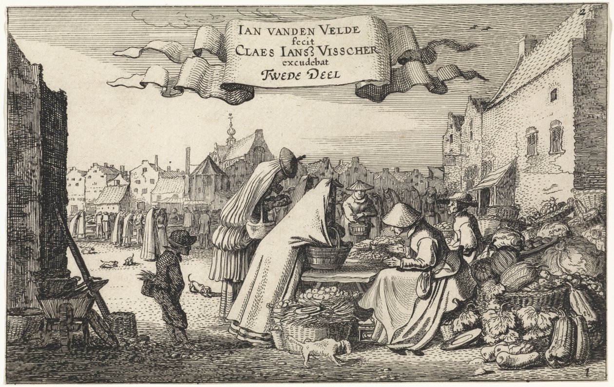 Postavy ve stánku se zeleninou na trhu Krajiny (název série) Amenissimae aliquot requculae (název série) od Jan van de Velde (II)