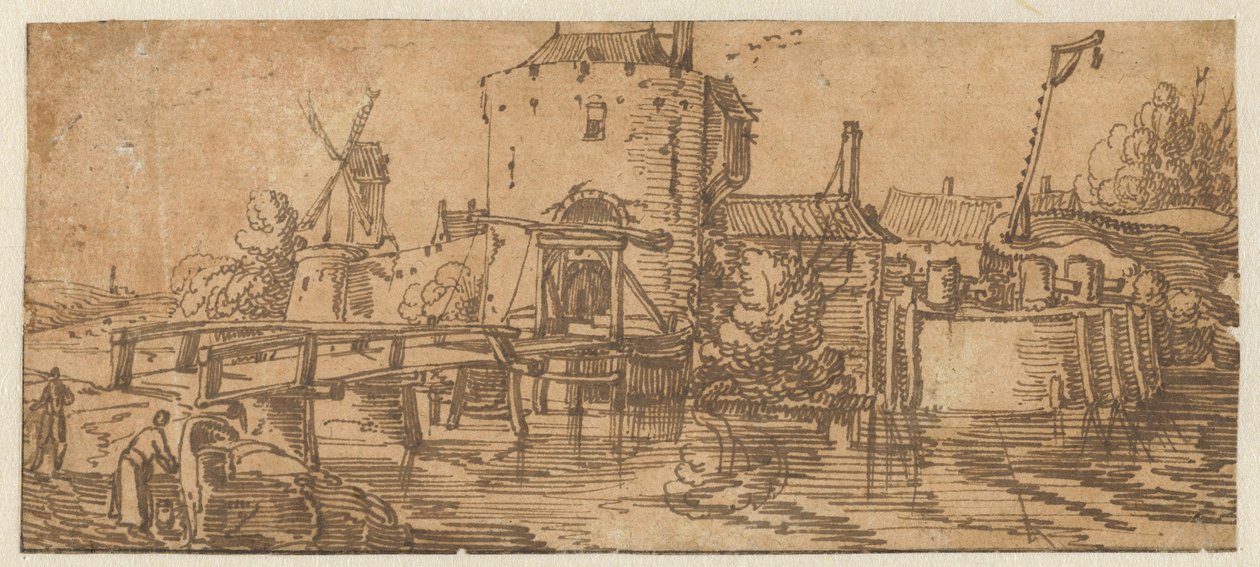 Pohled na město (Culemborg?) s mostem před bránou od Jan van de Velde (II)