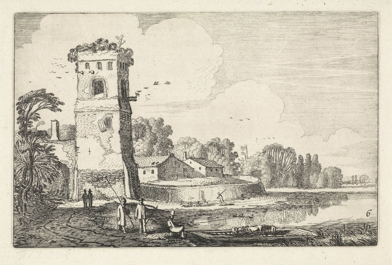 Pont s ovcemi na věži v říční krajině Krajiny (název série) Amenissimae aliquot requculae (název série) od Jan van de Velde (II)