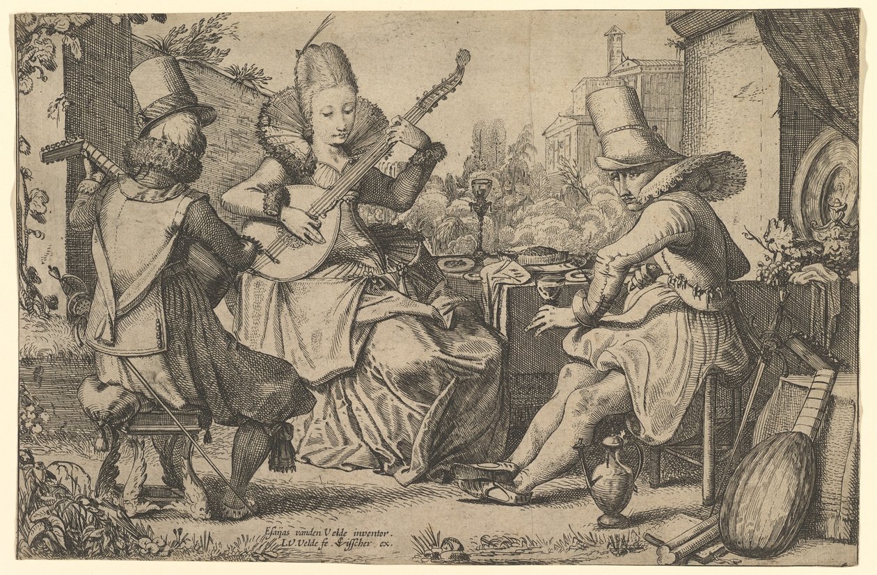 Dva elegantně oblečení muži a žena v zahradě, 1613-41. od Jan van de Velde II
