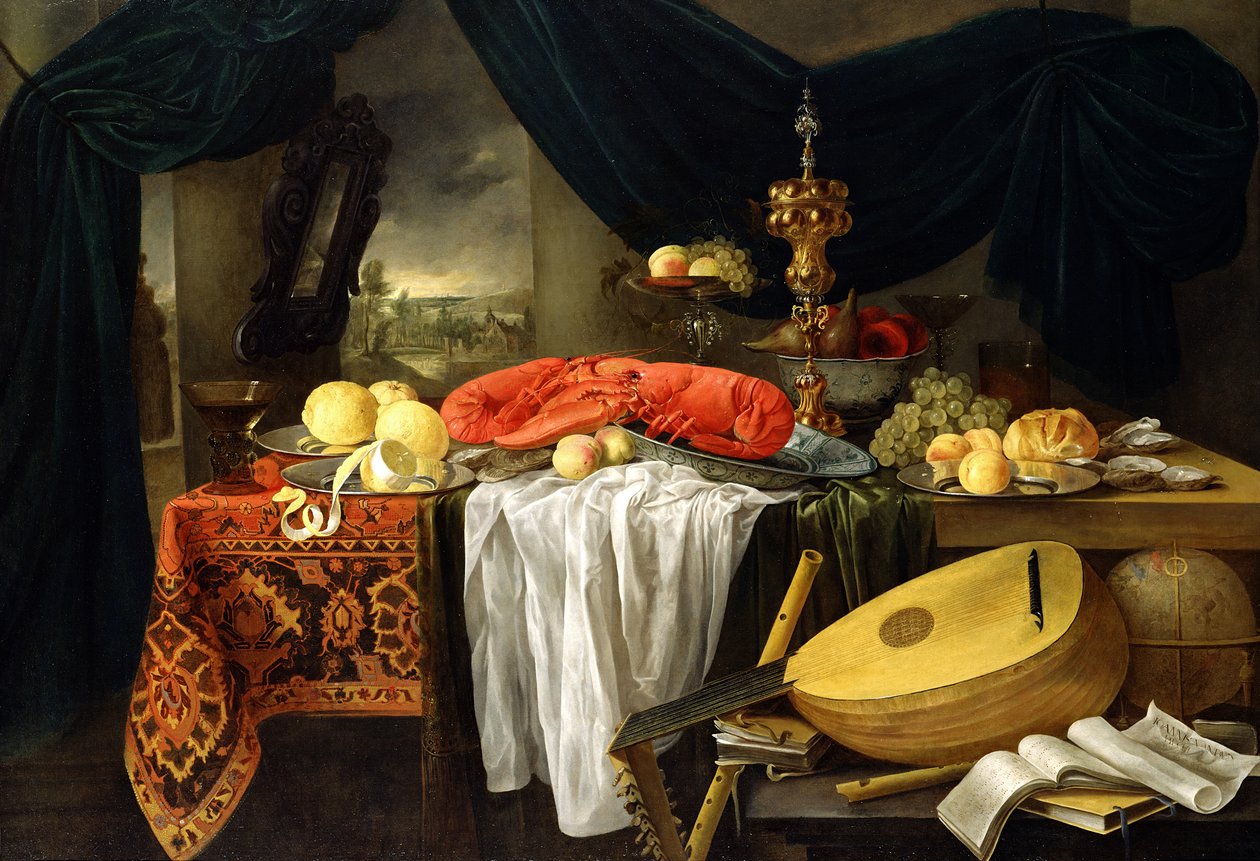 Zátiší s humrem, citrony a loutnou, 1645 od Jan van den Hecke