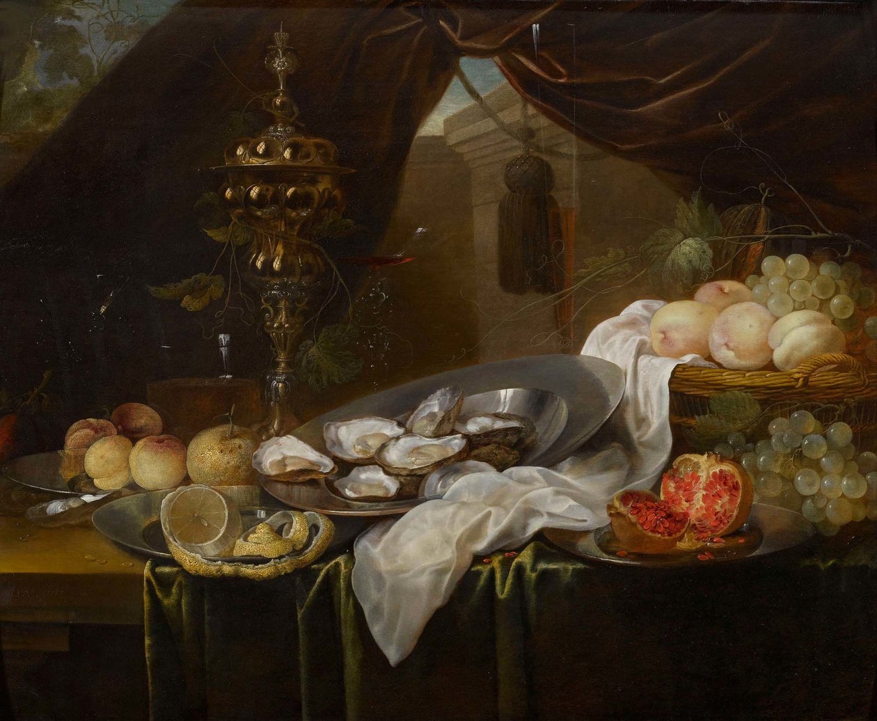 Zátiší se zlatým pohárem, skleněným nádobím Façon de Venise, ovocem a ústřicemi od Jan van den Hecke