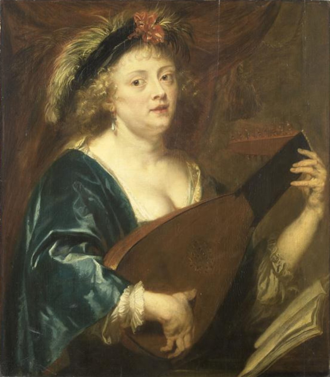 Francouzština:  Femme jouant du luth Portrét ženy hrající na loutnu od Jan van den Hoecke