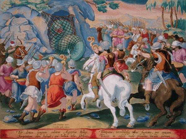 Chytání egyptského hada do sítě, deska 45 z „Venationes Ferarum, Avium, Piscium“ (Lovu: Divoká zvířata, ptáci, Ryby), vyrytý Jan Collaert (1566-1628), vydal Phillipus Gallaeus z Amsterdamu (ručně kolorovaná rytina ) od Jan van der Straet