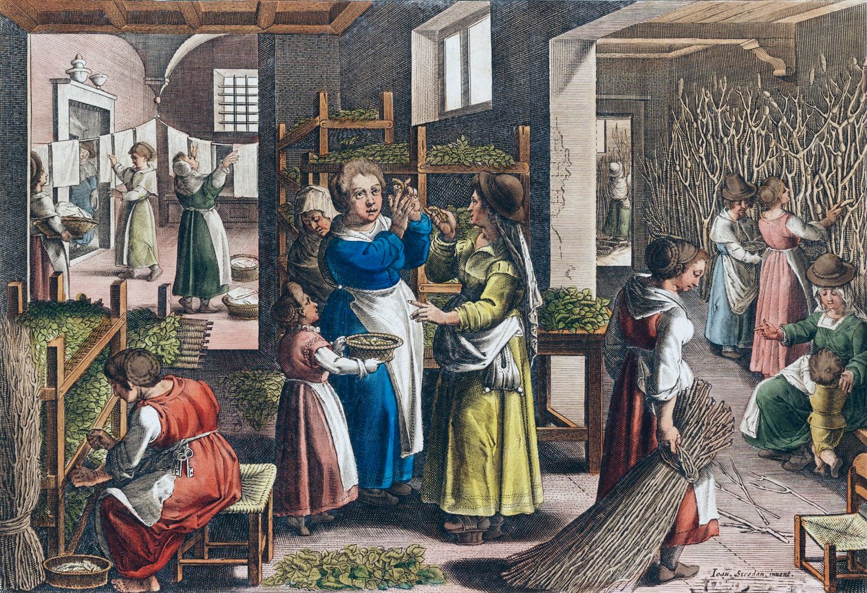 Výroba hedvábí v Evropě v 16. století (tisk) od Jan van der (1523 1605) (after) Straet