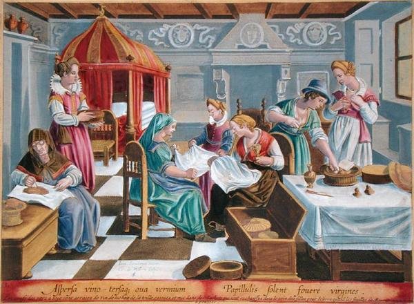 Ženy pokropí vajíčka bource morušového vínem a udrží je v teple na prsou, talíř 3 z „Vermis Sericus“ (Hedvábník), vyrytý Philipem Gallem (1537-1612) (rytina) od Jan van der Straet