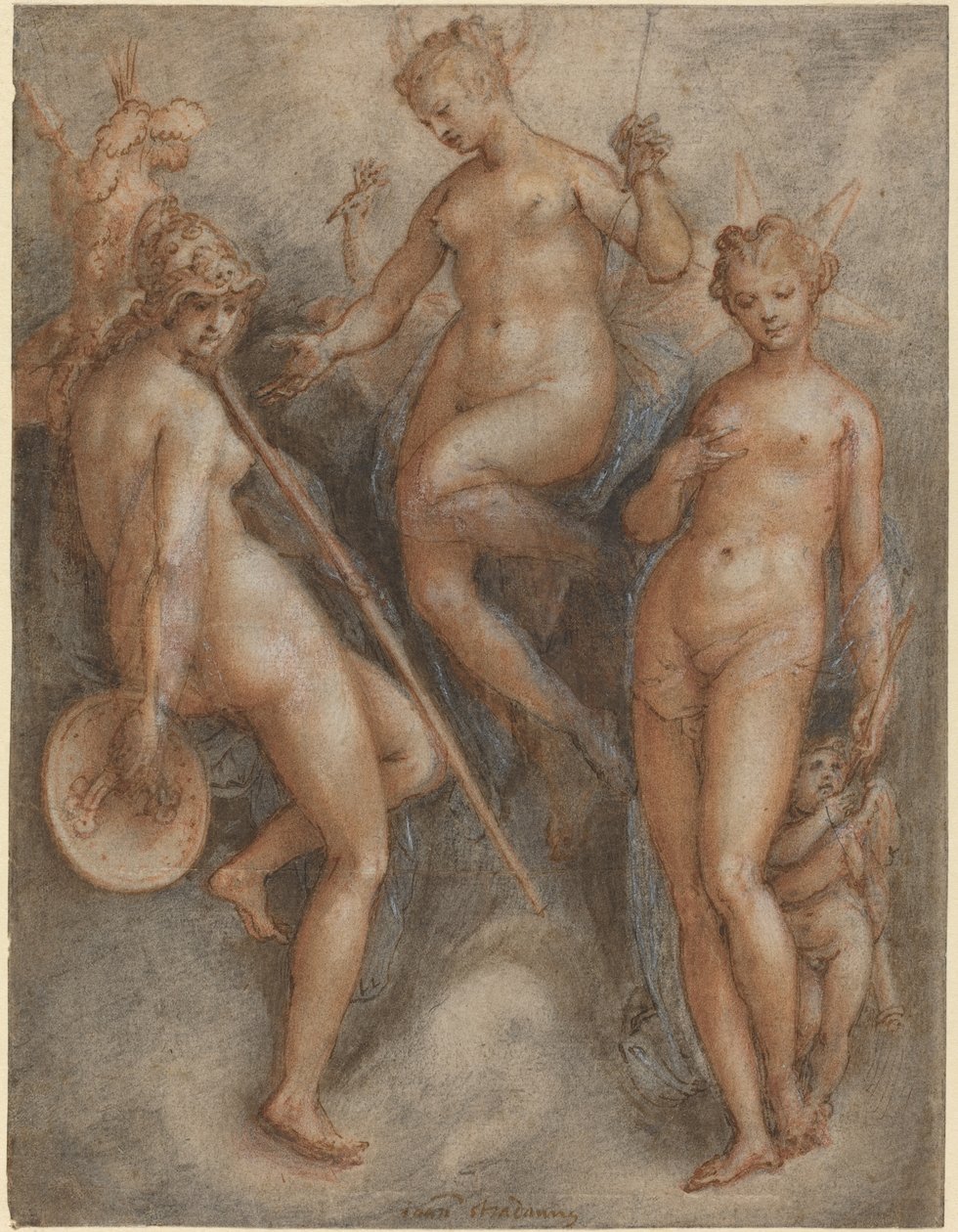 Tři bohyně: Minerva, Juno a Venuše, kolem roku 1587 (pero a hnědá tuš a černá a červená křída zvýrazněné bílou barvou na křídovém papíře) od Jan van der Straet