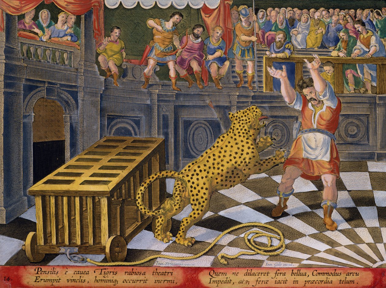 Římský císař Commodus vystřelí šíp, aby podmanil leoparda, který utekl z klece v aréně, deska 14 z „Venationes Ferarum, Avium, Piscium“ (Lovu: Divoká zvířata, ptáci, ryby), vyrytý Jan Collaert (1566- 1628) vydal Phillipu od Jan van der (1523 1605) (after) Straet