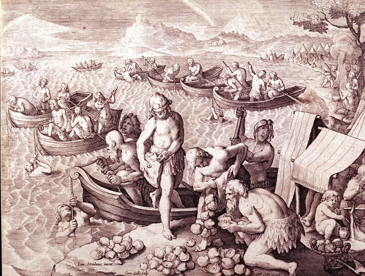 Lov ústřic. 17. století. Rytina Giovanni Stradano (Jan Van Der Straet) (Johannes Stradanus) (1523-1605). od Jan van der Straet