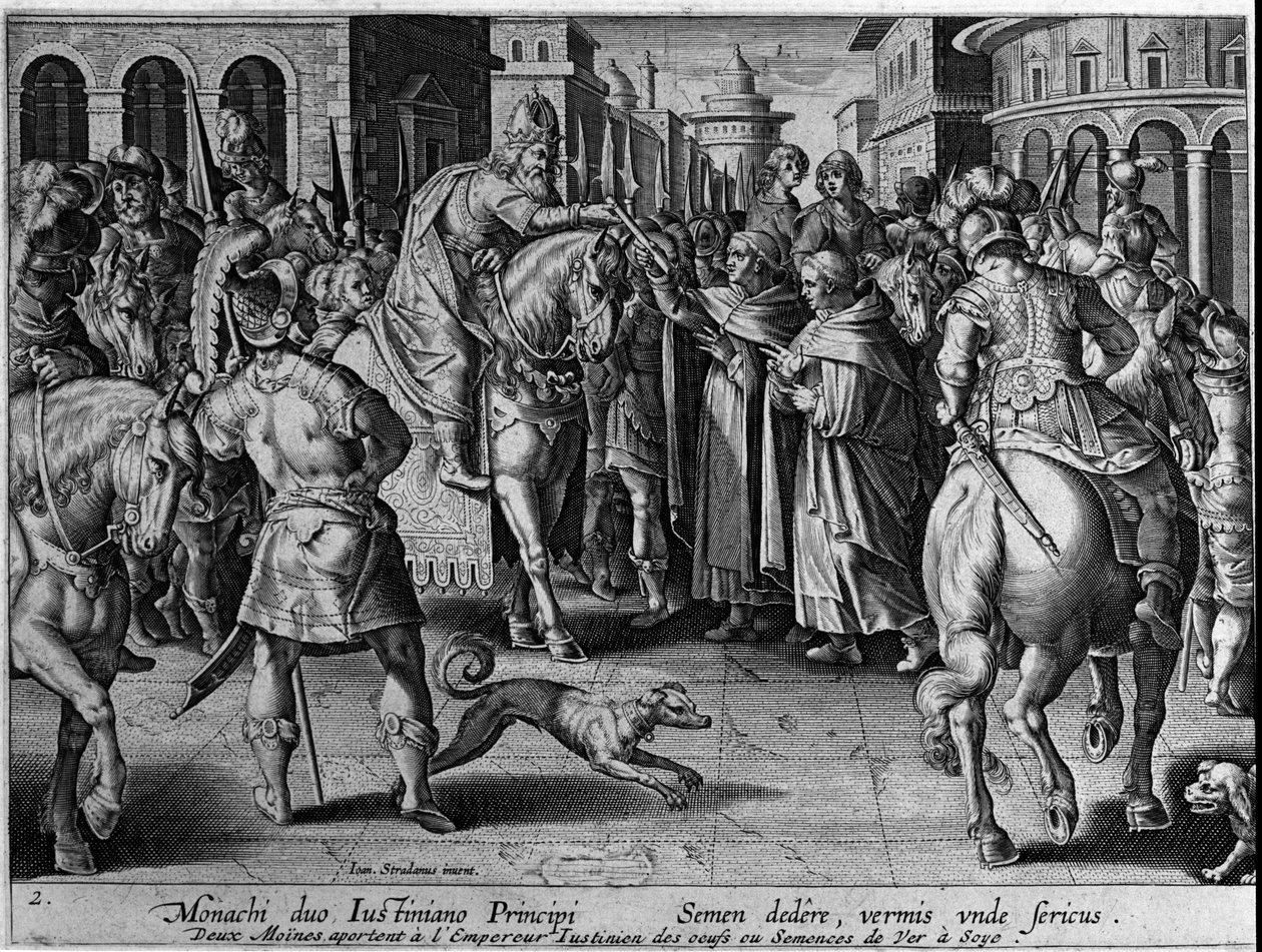 Mniši předali bource morušového byzantskému císaři Justiniánovi I. (483-565). Císař tak zahájí obchod s hedvábím. Rytina Giovanni Stradano (Jan Van Der Straet) (Johannes Stradanus) (1523-1605) 17. století od Jan van der Straet