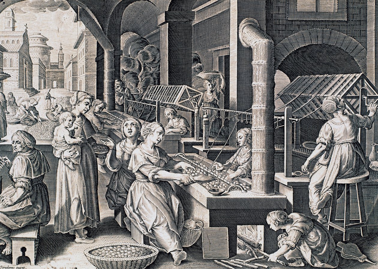 Vermis sericus, ženy spřádají hedvábí a zahřívají bource morušového v ohni, rytina Stradanus (1523-1605), Itálie od Jan van der Straet