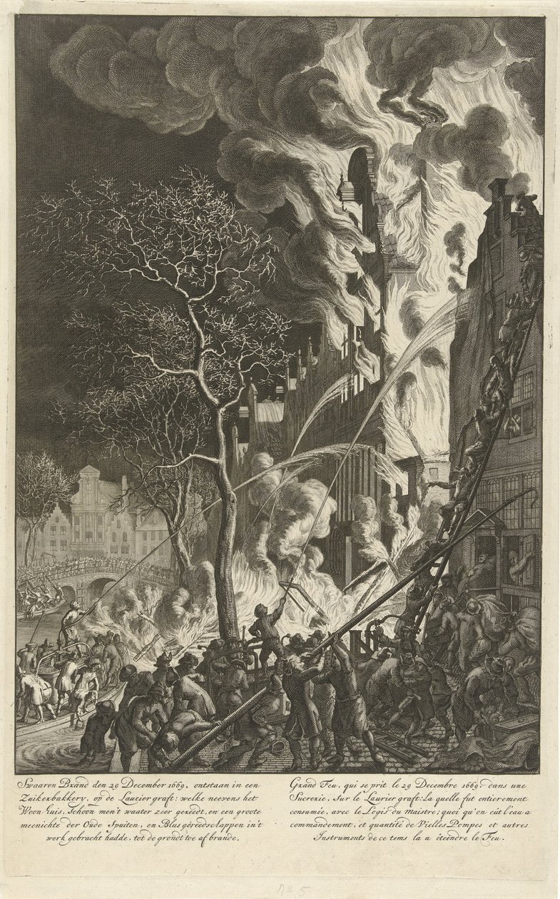 Požár na Lauriergracht v Amsterdamu, 1669 Těžký požár 29. prosince 1669. vznikl v cukrovaru, na štěpu Laurier (…) / Grand feu, qui se prit le 29. prosince 1669. dans une sucrerie, sur le Laurier graft (…) (název na objektu) od Jan van der Heyden (attributed to)