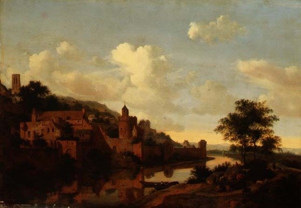 Opevněné město nad řekou (panel) od Jan van der Heyden