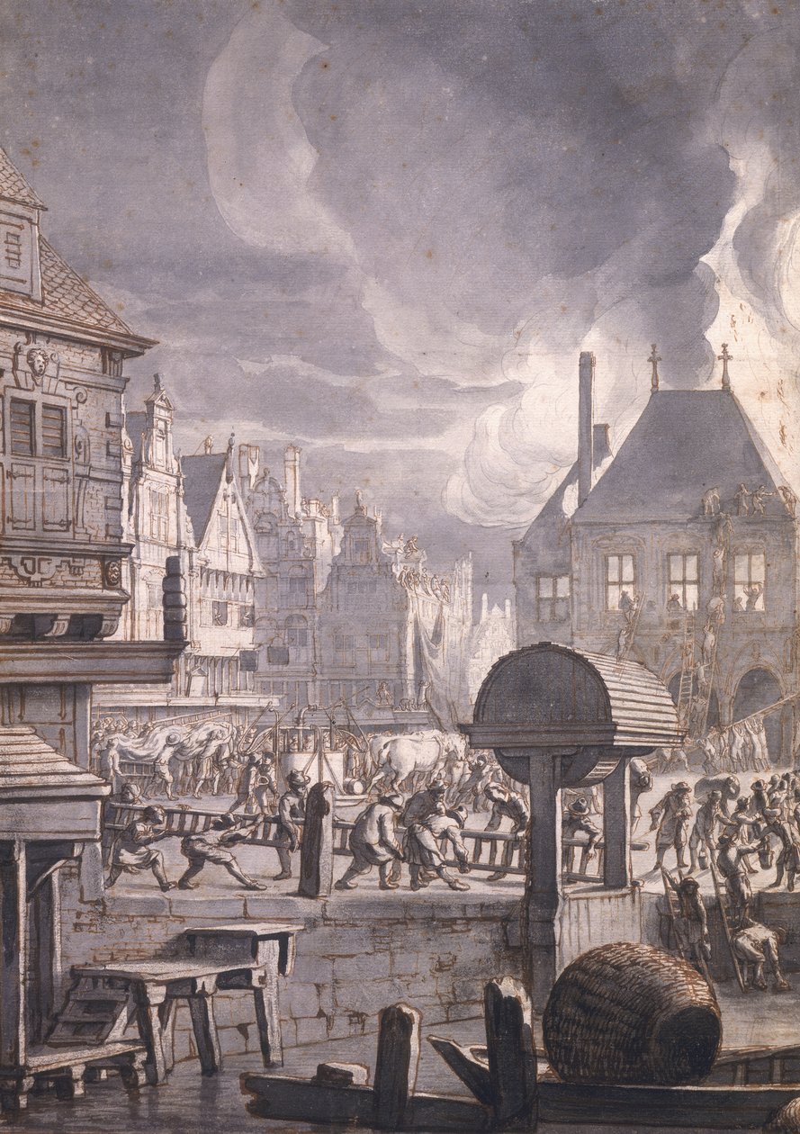 Požár na Staroměstské radnici v Amsterdamu, 17. července 1652 (pero a inkoust a wc na papíře) od Jan van der Heyden