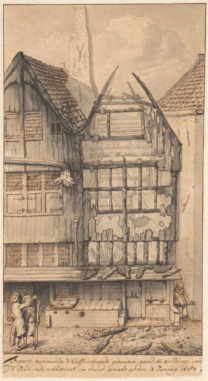 Dva vyhořelé domy v Oude Nieuwstraat, 1682 od Jan van der Heyden