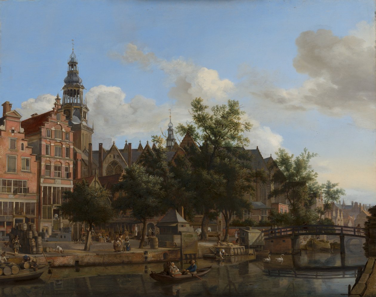 Pohled na Oudezijds Voorburgwal s Oude Kerk v Amsterdamu, kolem roku 1670 (olej na panelu) od Jan van der Heyden