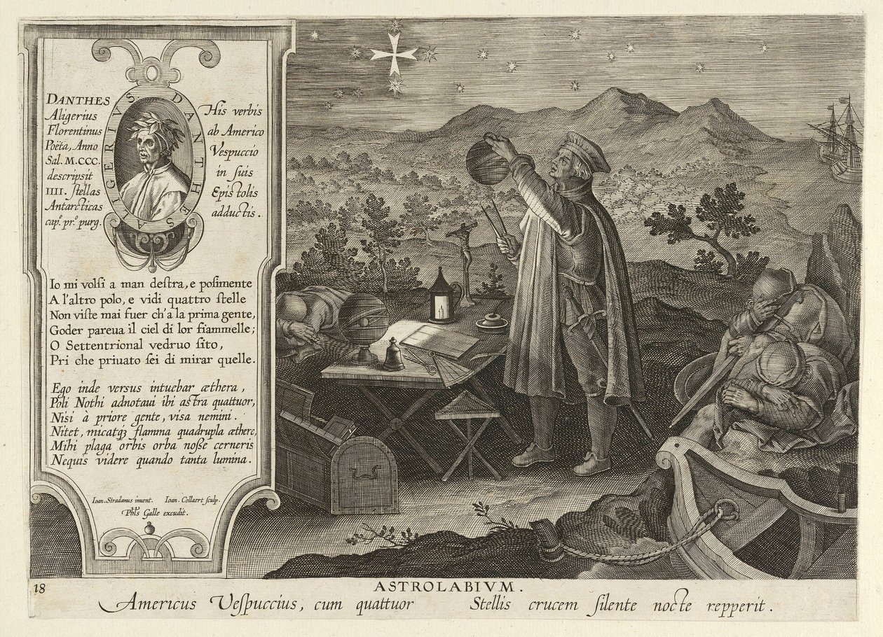 Amerigo Vespucci Objevování Jižního kříže s astrolábem, hospoda. 1600. od Jan van der Straet