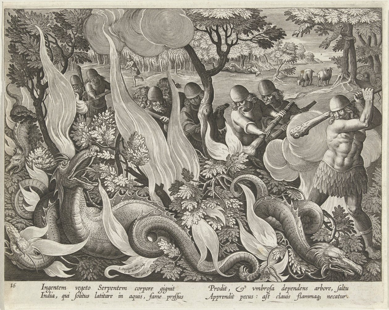Chytání hadů v Indii pomocí holí a pochodní k osvětlení podrostu, hospoda. 1640 rytina. od Jan van der Straet