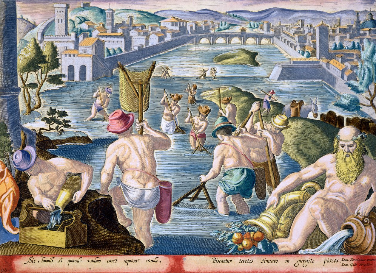 Rybolov v mělkých vodách pomocí sítí, deska 96 z „Venationes Ferarum, Avium, Piscium“ (Lovu: Divoká zvířata, ptáci, ryby), vyrytý Jan Collaert (1566-1628), vydal Phillipus Gallaeus z od Jan van der Straet