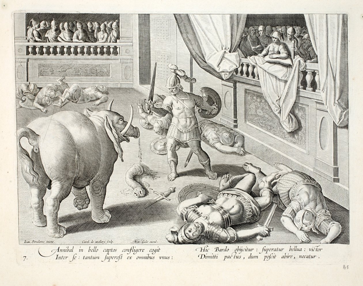 Hannibal nutí poražené Římany bojovat mezi sebou, ilustrace z knihy "Venationes, Ferarum, Avium, Piscium" (O lovu: divoká zvěř, ptáci, ryby), vyryl Jan Collaert (1566-1628), vydal Phillipus od Jan van der Straet