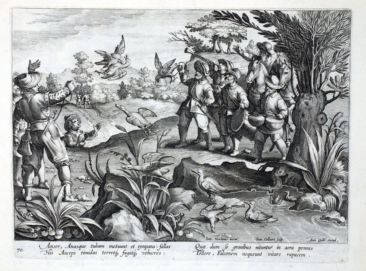 Lovci používající sokoly k lovu hus, ilustrace z knihy "Venationes, Ferarum, Avium, Piscium" (O lovu: divoká zvěř, ptáci, ryby), vyryl Jan Collaert (1566-1628), vydal Phillipus Gallaeus, A. od Jan van der Straet