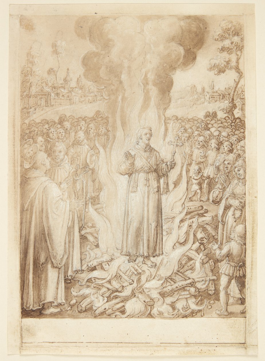 Historie S. Giovanni Alberti Fiorentino. Opat Petrus ohněm dokazuje, že biskup z Florencie je heretik a simonista od Jan van der Straet