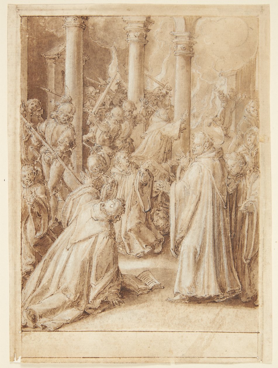 Historie S. Giovanni Alberti Fiorentino. Vojáci vyslaní biskupem z Florencie útočí na klášter, kde se domnívají, že je Giovanni Alberti(?) od Jan van der Straet