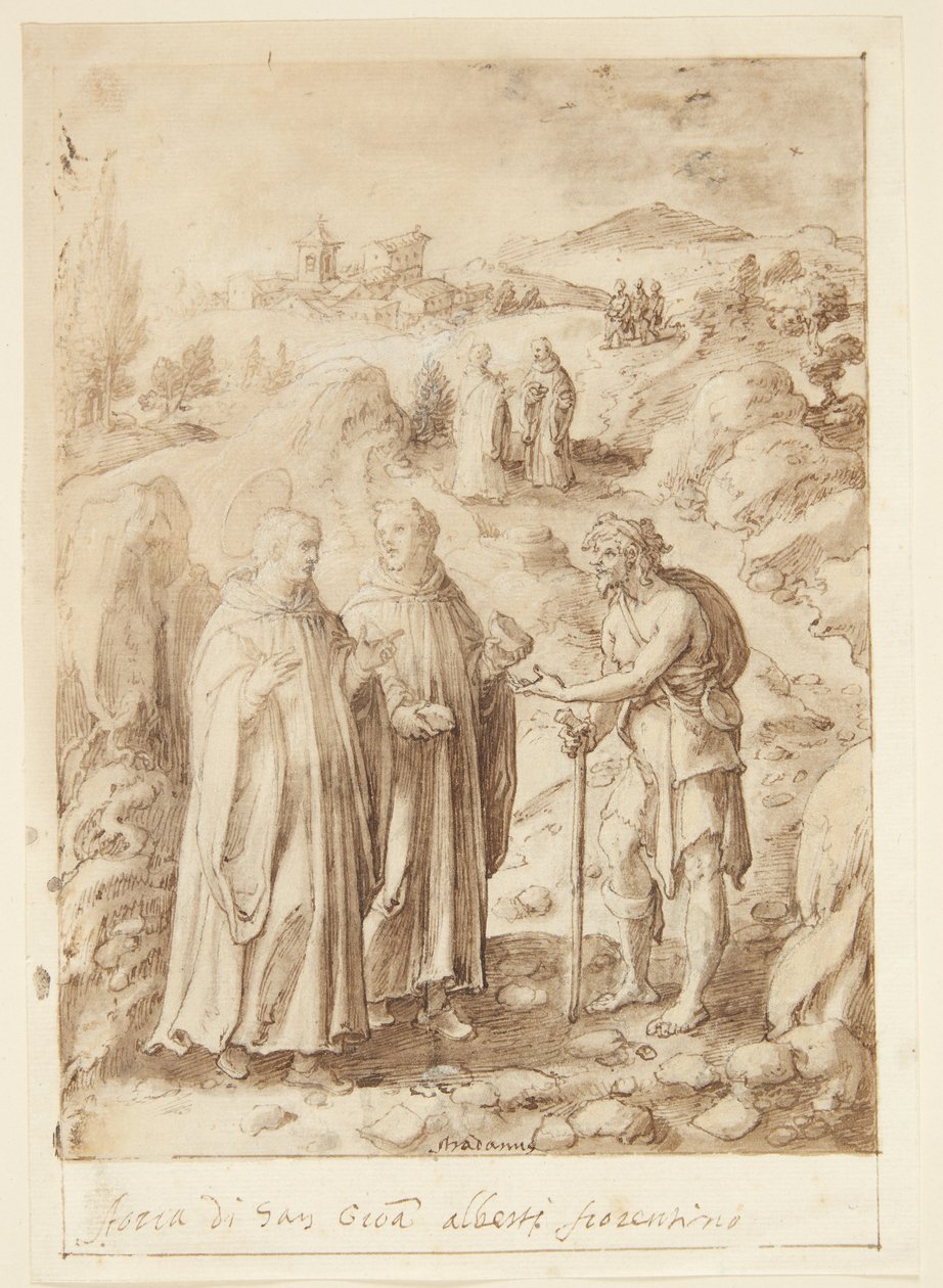 Historie S. Giovanni Alberti Fiorentino. Světec a doprovázející mnich dávají žebrákovi poslední chléb od Jan van der Straet