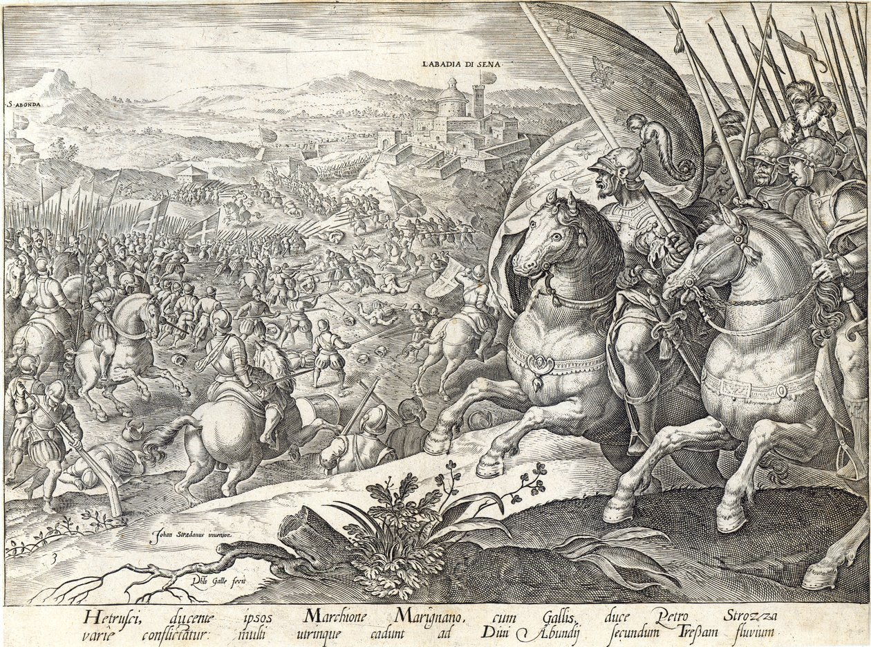 Bitva u Labadie si Sena a Svaté Abondy, deska 3 z "Dějin Medicejských", vyryl Philip Galle (1537-1612), asi 1583 od Jan van der Straet