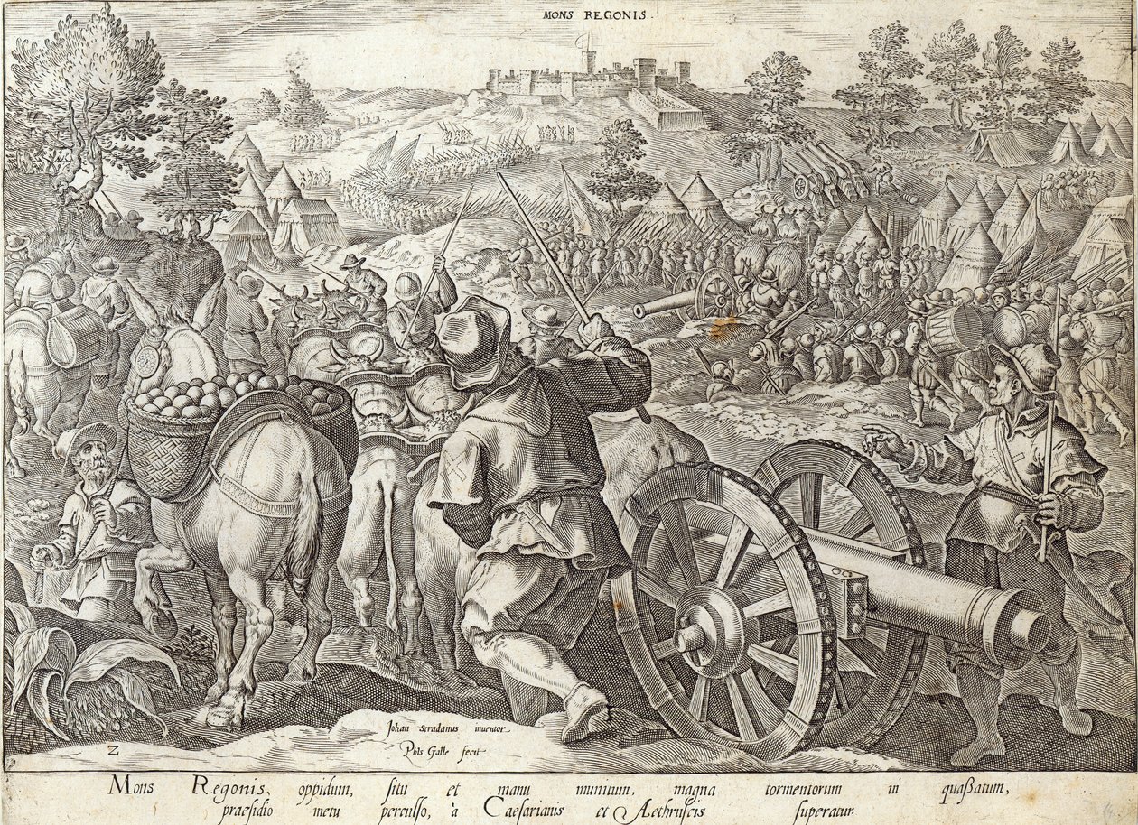 Bitva u Mons Regionis, deska z "Dějin Medicejských", vyryl Philip Galle (1537-1612), asi 1583 od Jan van der Straet