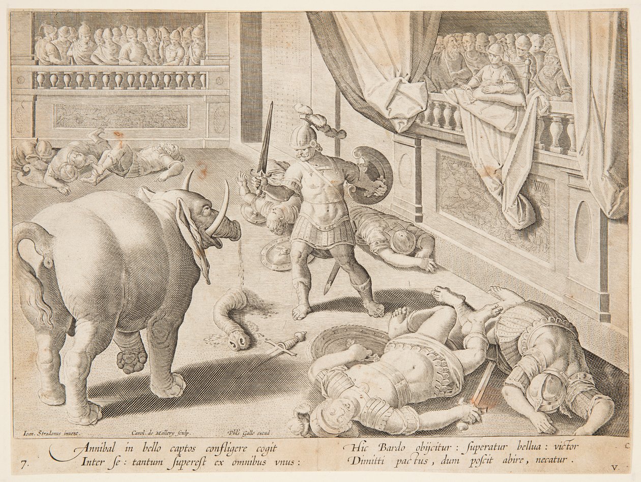 Římský voják bojující s jedním z Hannibalových slonů, pl. 7 v sérii Hra, ptáci a ryby od Jan van der Straet, called Stradanus