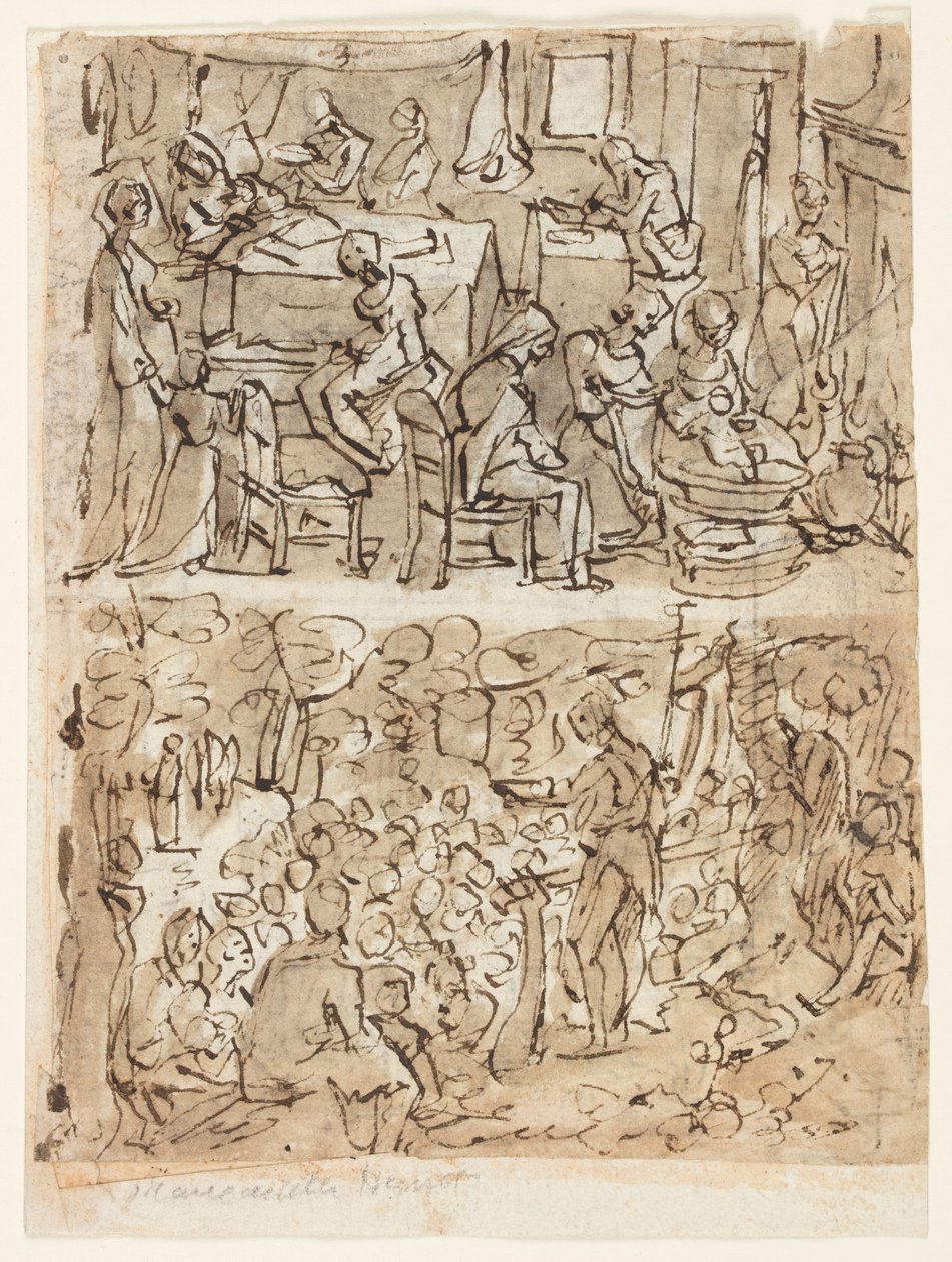 Čtyři výjevy ze života sv. Jana Křtitele, předběžné návrhy pro tiskovou sérii (recto a verso) od Jan van der Straet, called Stradanus