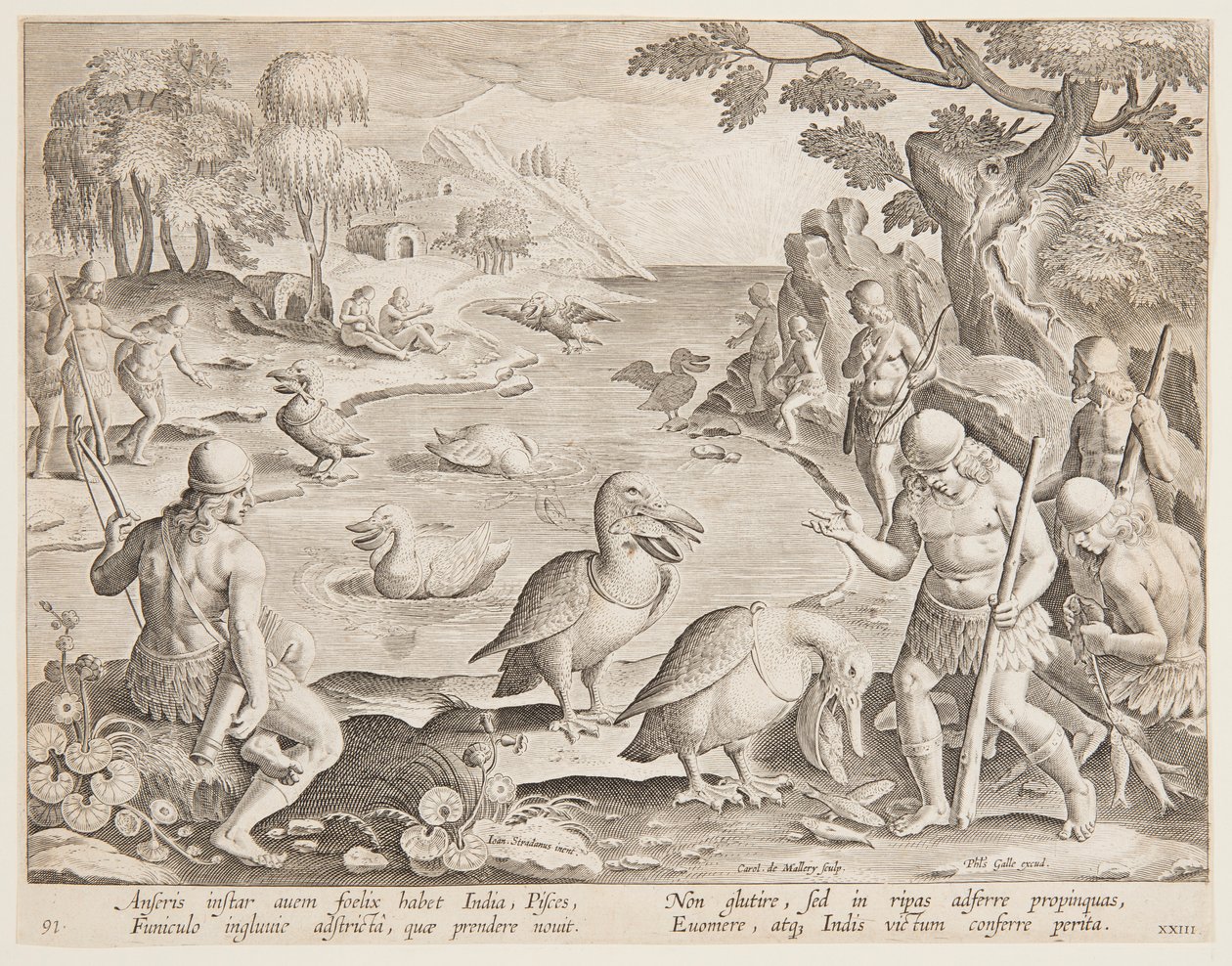 Indiáni loví ryby s pomocí pelikánů, deska 23 ze série Game of Game, Birds, and Fish od Jan van der Straet, called Stradanus
