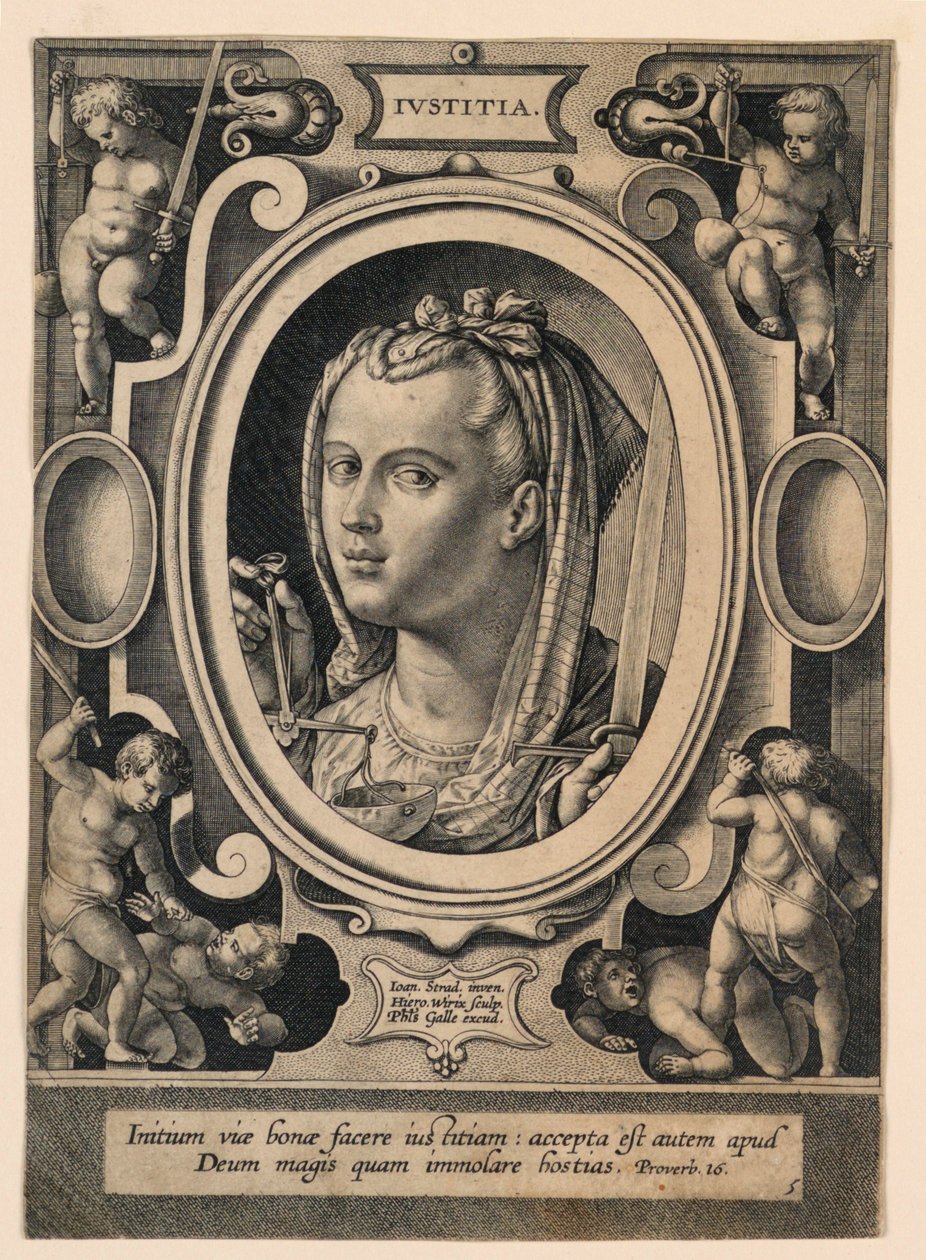 Spravedlnost (Justice), deska 5 z „Virtutum theologicarum et cardinalium“ od Jan van der Straet, called Stradanus