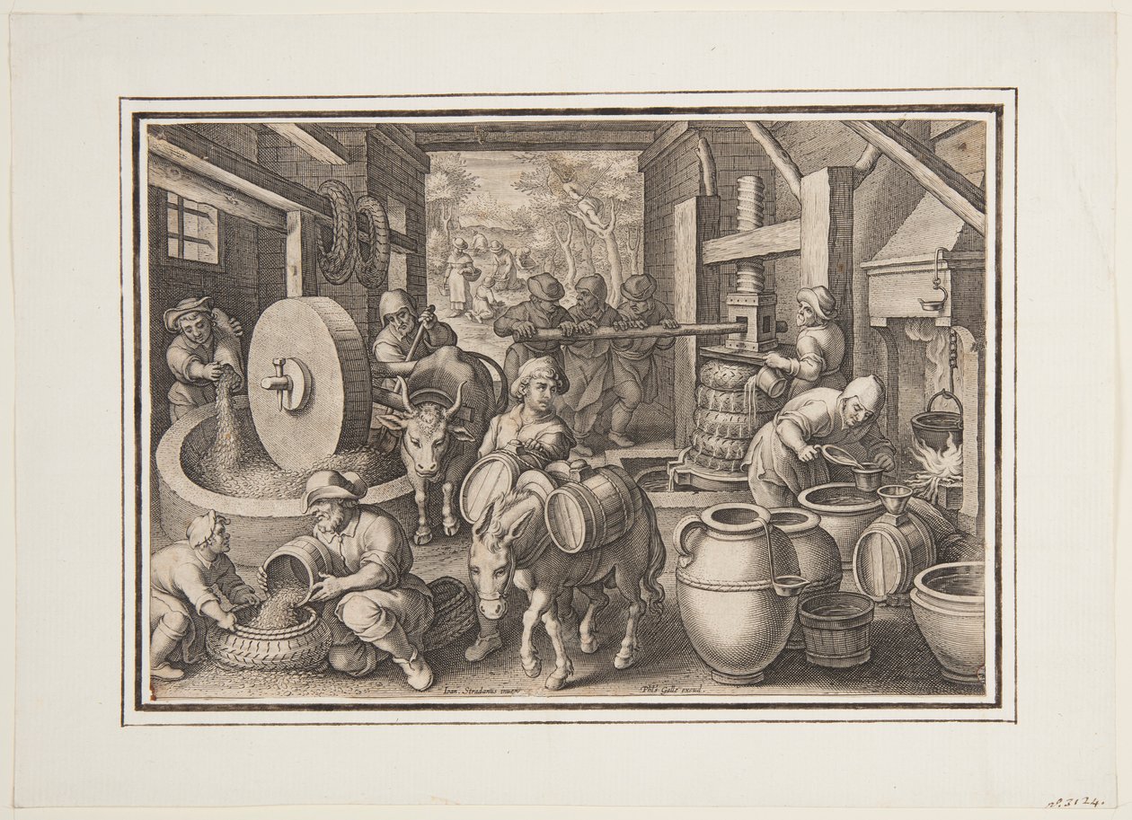 Oleum Olivarum (Výroba olivového oleje), deska 12 v Nova Reperta (Nové vynálezy moderní doby) od Jan van der Straet, called Stradanus