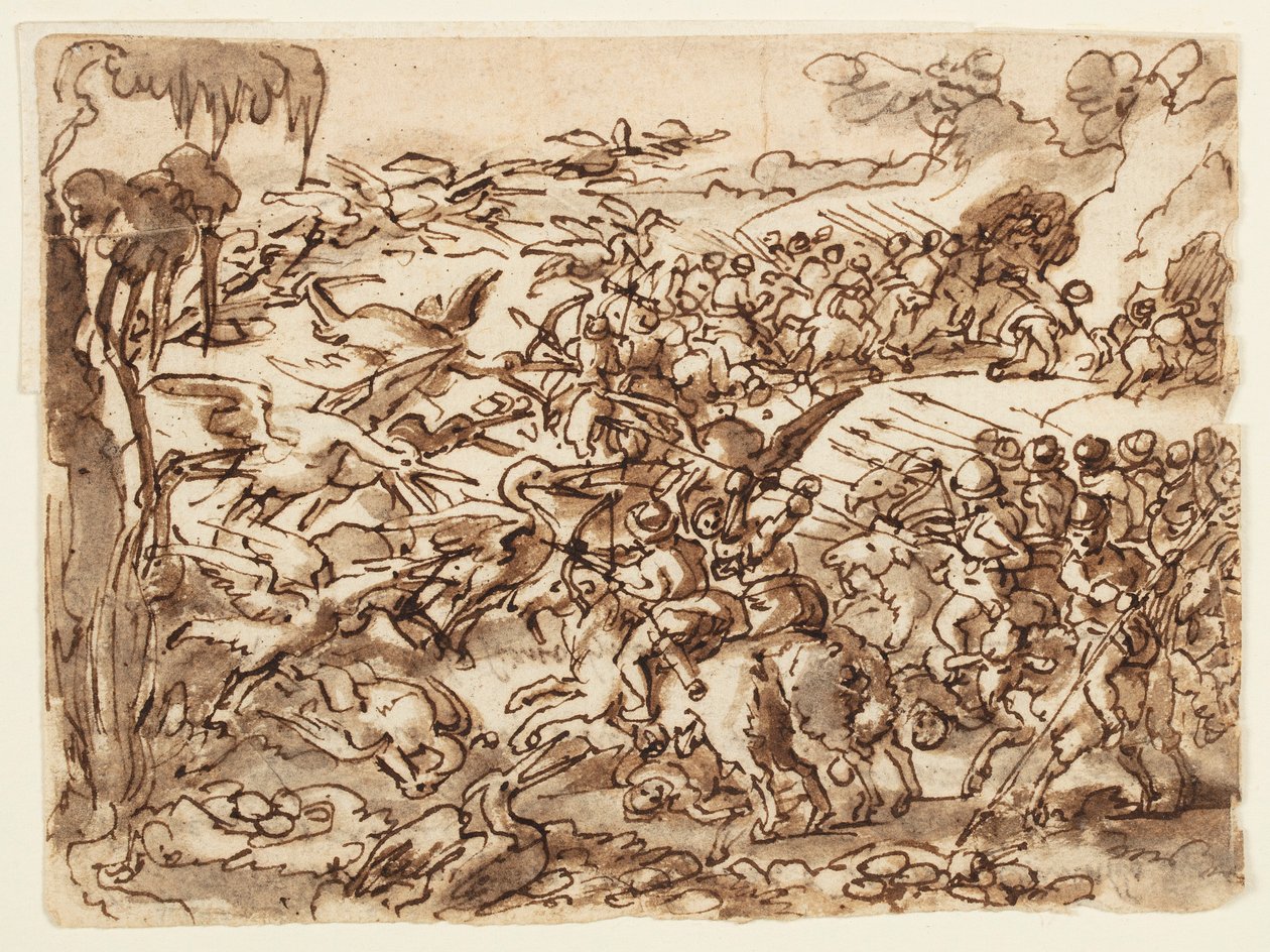 Recto: Bitva mezi Pygmejmi a jeřáby; Verso: nápis týkající se přírodní historie Plinia Staršího, kniha 7, kap. 2 od Jan van der Straet, called Stradanus