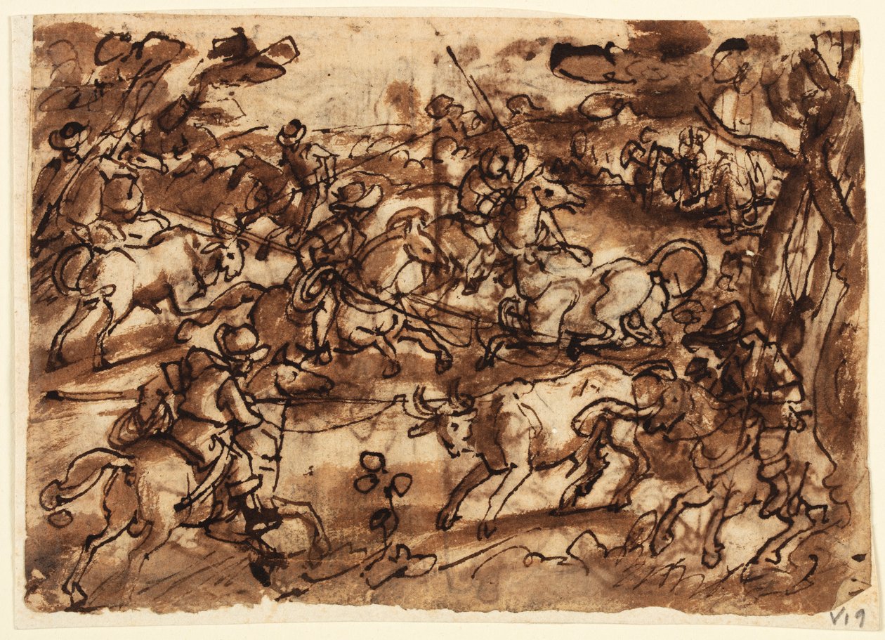 Recto: Hon na býka s Lassem; Verso, nahoře: Lov na medvědy od Mužů v brnění; Verso níže: Hunting Monkeys by Deception; všechny předběžné návrhy pro sérii Venationes od Jan van der Straet, called Stradanus