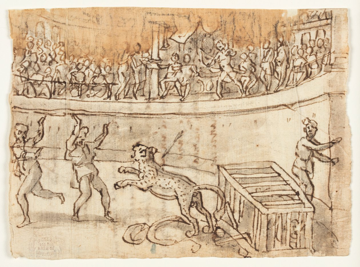 Vpravo: Císař Commodus zabíjí leoparda; Verso: Skica Luigiho Alamanniho a nápis v ruce týkající se Herodianových Historiae, I, 15, 6-7 od Jan van der Straet, called Stradanus