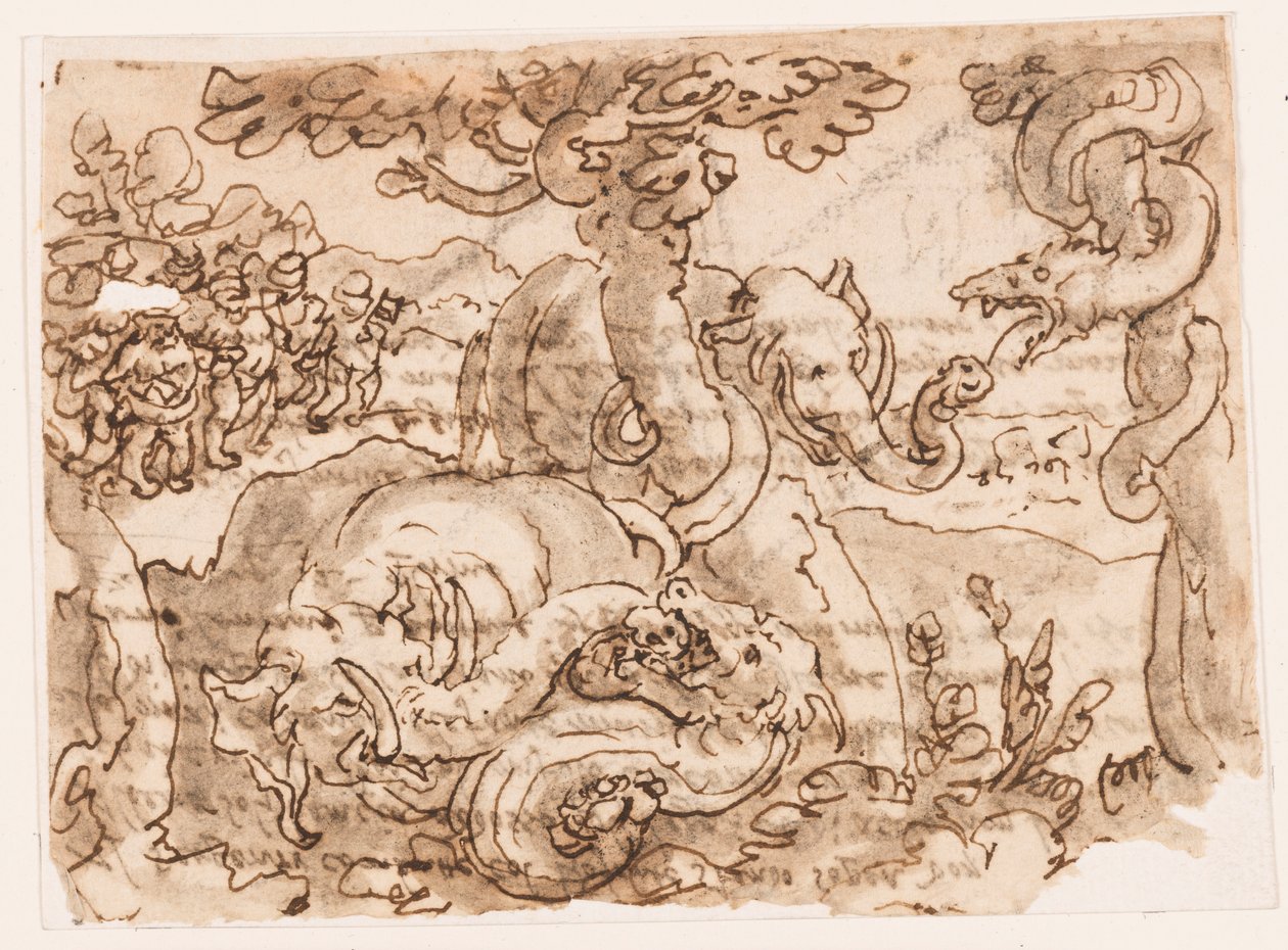 Recto: Boj mezi slony a hady, z Pliniovy přírodní historie (kniha 8, kap. 11-12); Verso: nápis týkající se výchozího materiálu od Jan van der Straet, called Stradanus