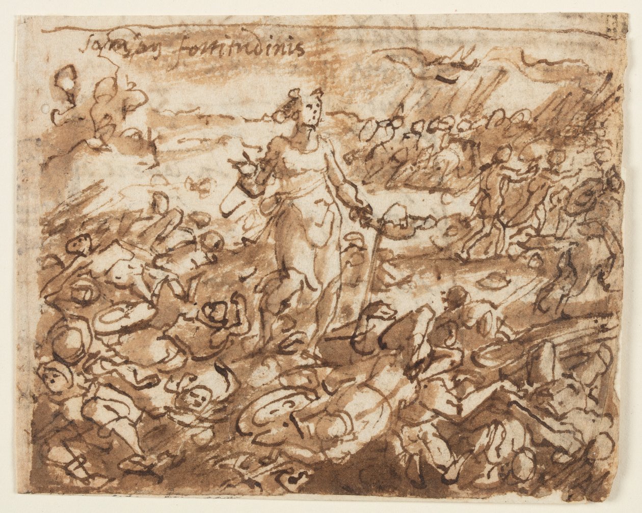 Recto: Samson, který porazil Pelištejce, pije vodu z čelisti osla, předběžný návrh pro "Spiritus Fortitudines" (Duch síly), deska 4 v sérii tisků "Sedm darů Ducha svatého". Verso: zastřený nápis od Jan van der Straet, called Stradanus