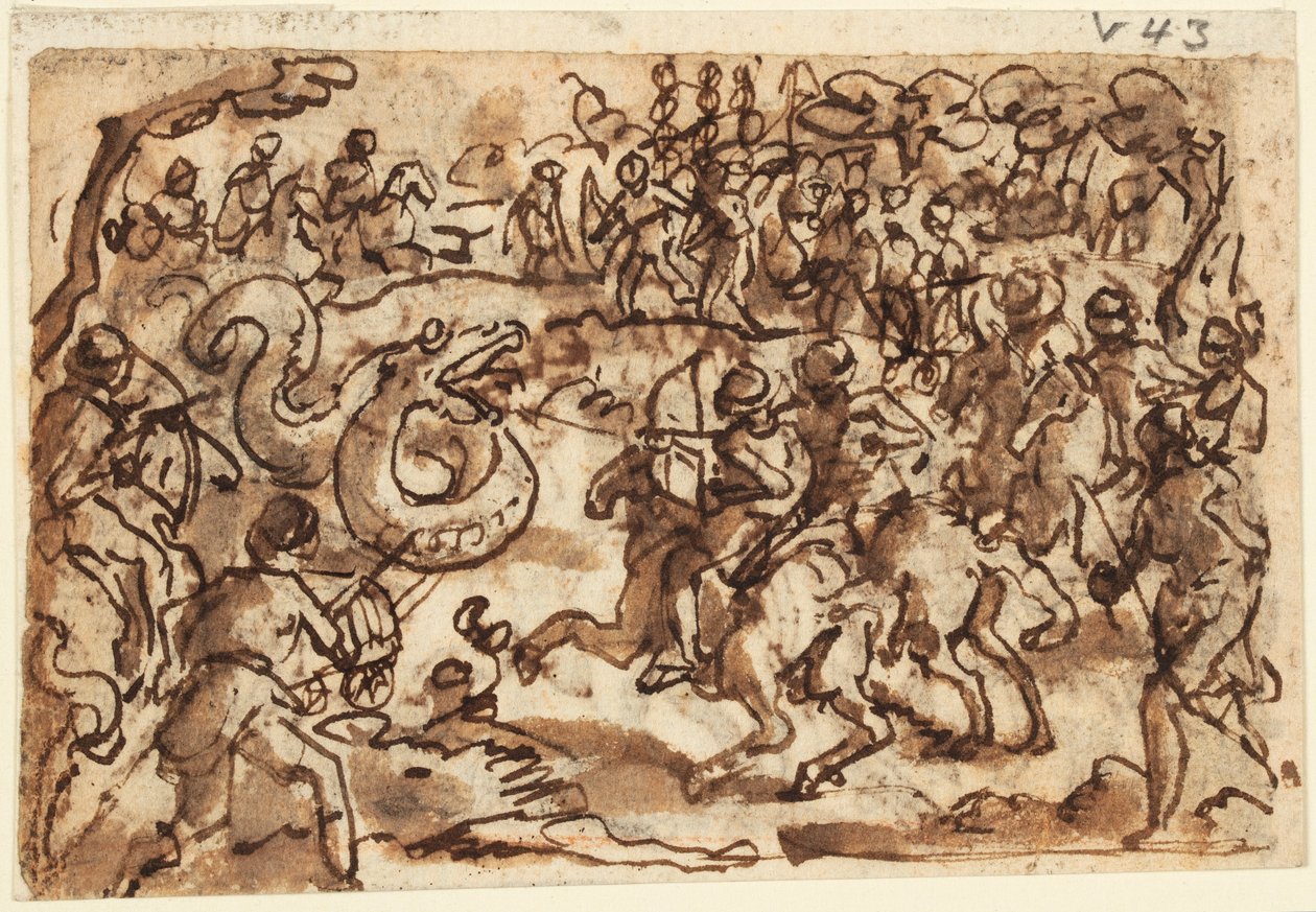 Recto: Římský konzul Attilius Regulus v boji s obřím africkým hadem, z Pliniovy přírodní historie, kniha 8, kap. 14; Verso: Ptyolomy chytání obřího hada sítí, od Diodorus Siculus, Bibliotheca Historica III, 37 od Jan van der Straet, called Stradanus